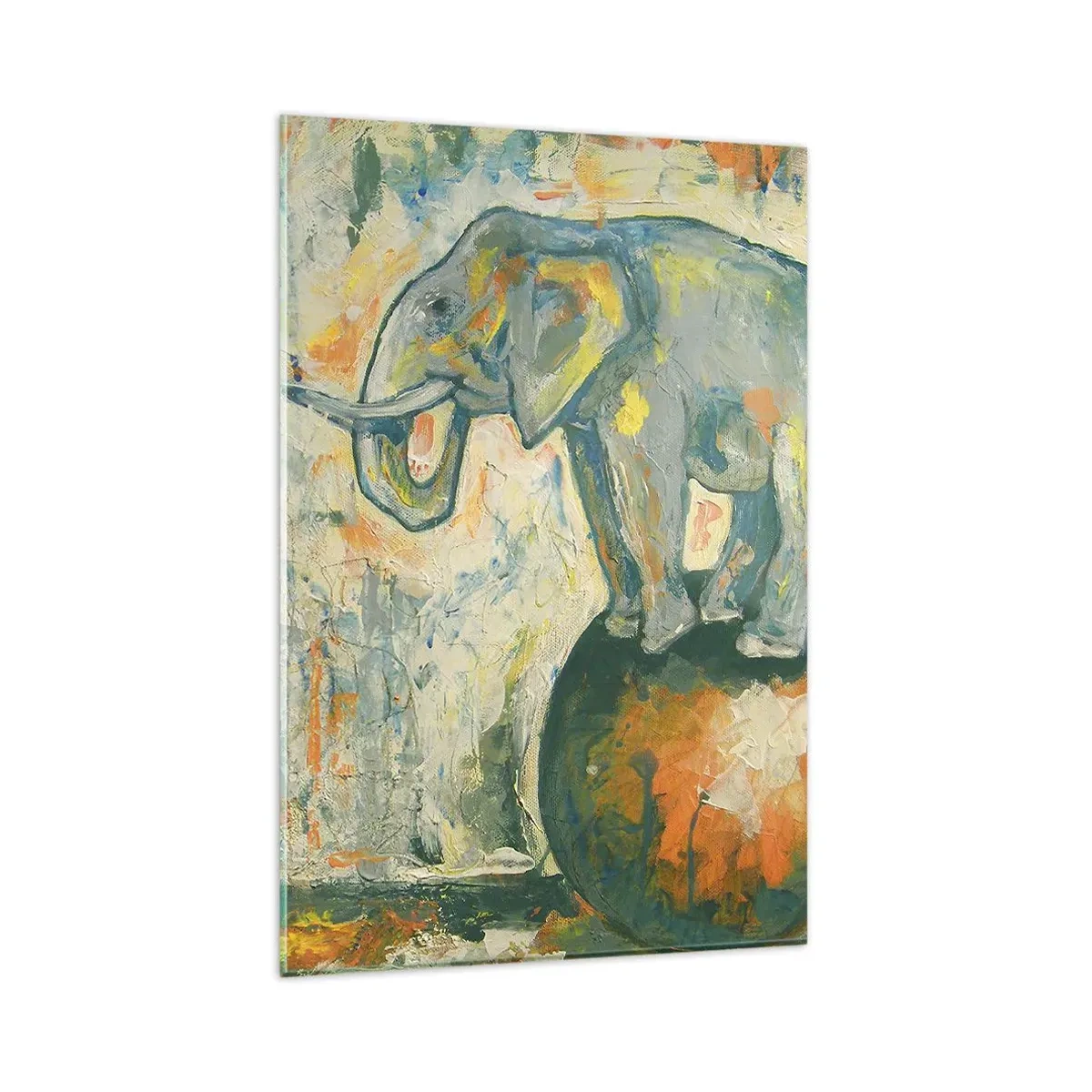 Cuadro sobre vidrio - Impresiones sobre Vidrio - Un elefante haciendo equilibrio sobre una pelota en un estilo artístico. - 80x120cm - ¡Viva el circo! - Decoración de pared moderna para salón y dormitorio ARTTOR