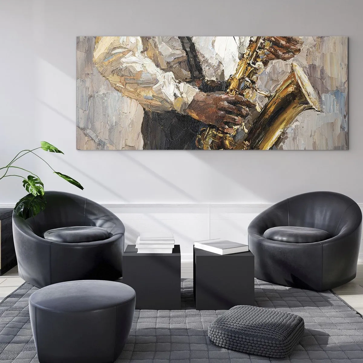 Cuadro sobre vidrio - Impresiones sobre Vidrio - Un músico tocando el saxofón con un estilo artístico. - 120x50cm - Llegó el momento del solo - Decoración de pared moderna para salón y dormitorio ARTTOR