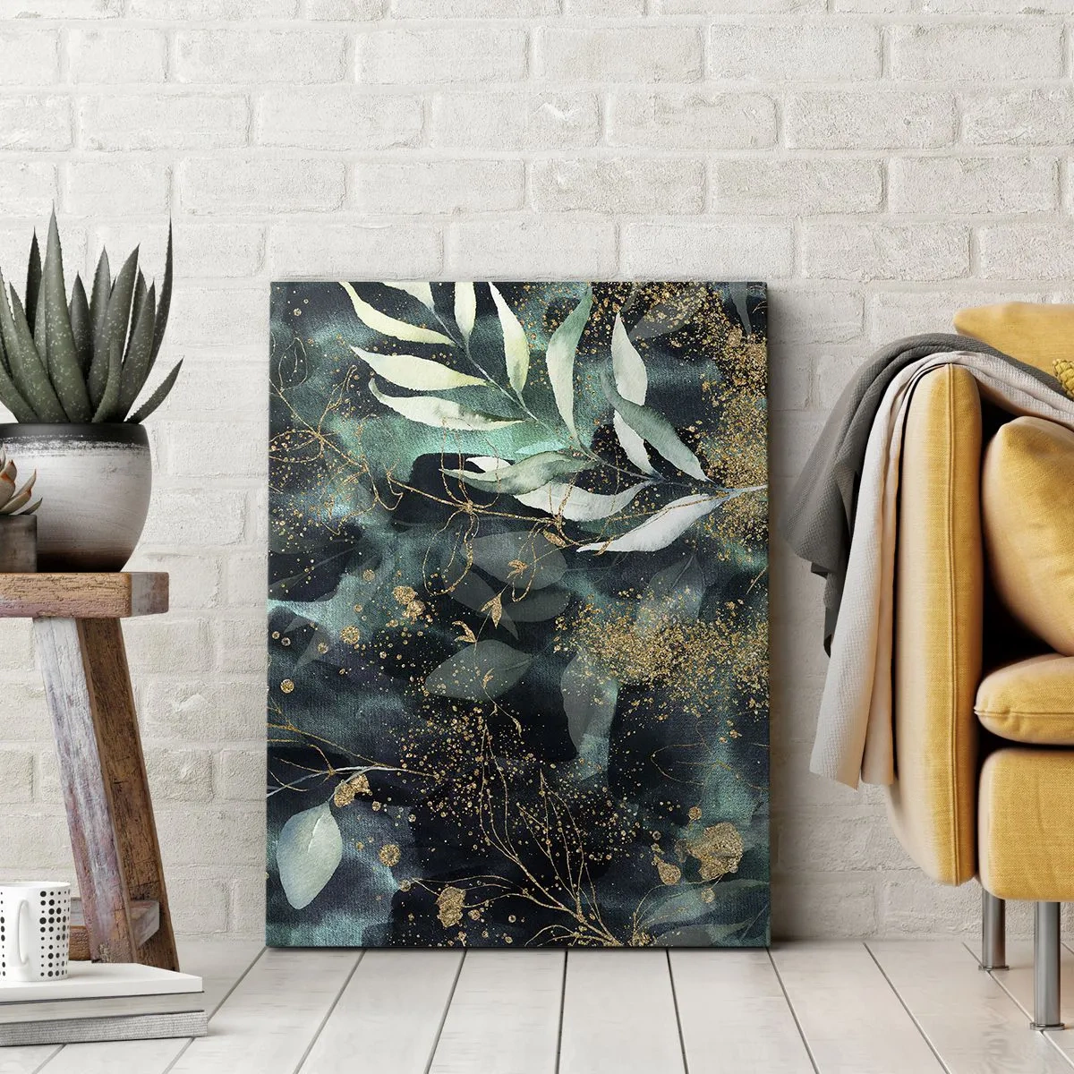 Cuadro sobre lienzo - Impresión de Imagen - Hojas elegantes sobre un fondo oscuro con acentos dorados. - 50x70cm - Jardín encantado - Decoración de pared moderna para salón y dormitorio ARTTOR