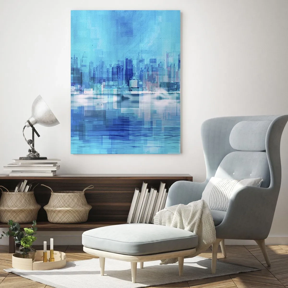 Cuadro sobre vidrio - Impresiones sobre Vidrio - Panorama abstracto de la ciudad en tonos azules - 70x100cm - La urbe azul - Decoración de pared moderna para salón y dormitorio ARTTOR