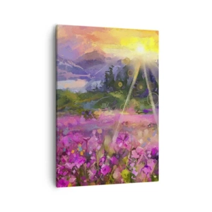 Cuadro sobre lienzo - Impresión de Imagen - Un prado pintoresco bajo los rayos del sol poniente. - 50x70cm - En un valle bajo la protección del sol - Decoración de pared moderna para salón y dormitorio ARTTOR