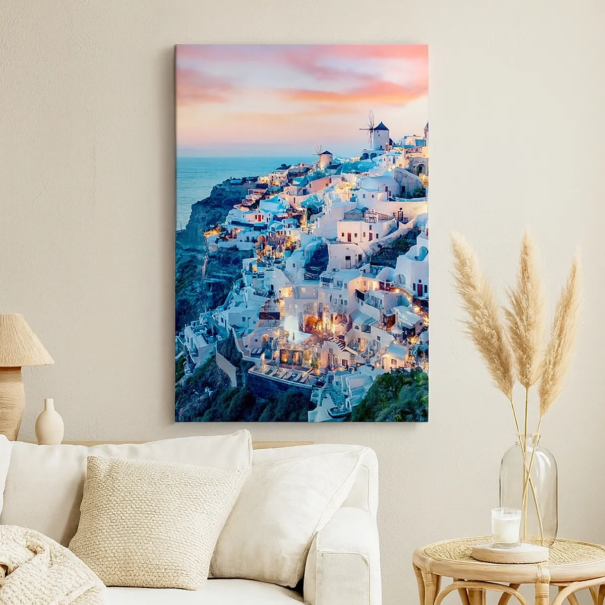 Cuadro sobre lienzo - Impresión de Imagen - Santorini al atardecer con edificios blancos en la colina - 50x70cm - Vacaciones en Grecia - Decoración de pared moderna para salón y dormitorio ARTTOR