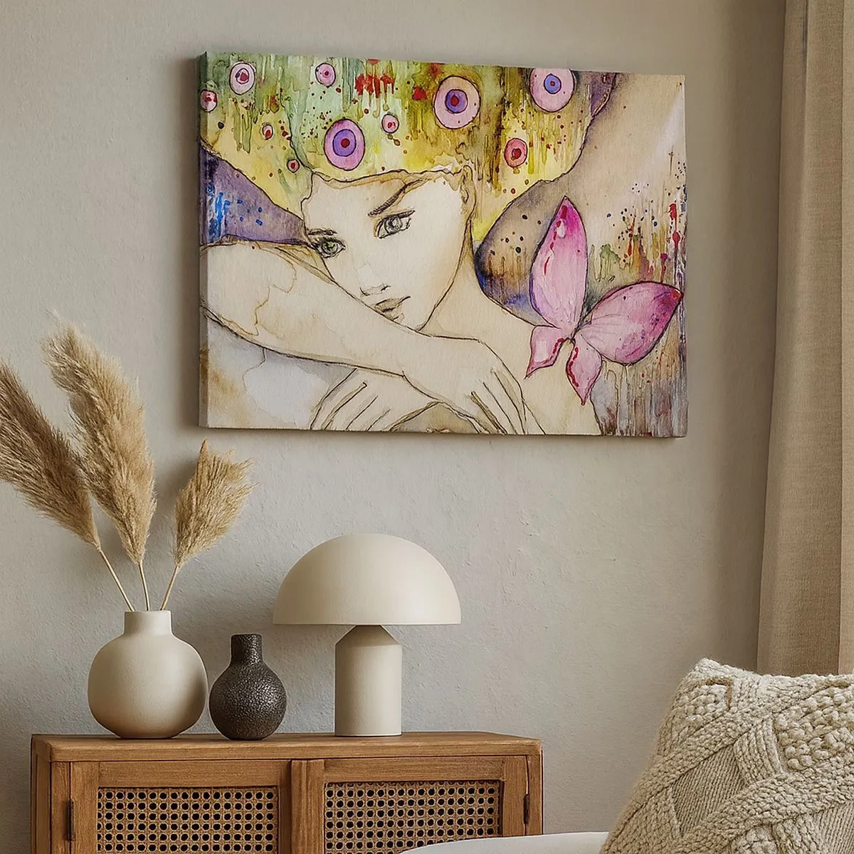 Cuadro sobre lienzo - Impresión de Imagen - Una mujer con un peinado abstracto y una mariposa rosa. - 70x50cm - Una princesa mariposa - Decoración de pared moderna para salón y dormitorio ARTTOR