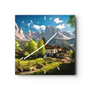 Reloj de pared - Reloj de vidrio - Un pueblo de montaña con casas y vistas a los Alpes. - 30x30cm - Idilio alpino - Decoración de pared moderna para salón y dormitorio ARTTOR