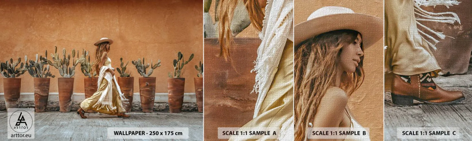 Muestra de fotomural Premium Canvas - Estilo hippie - bohemia, Mujer, cactus - 100x30 cm