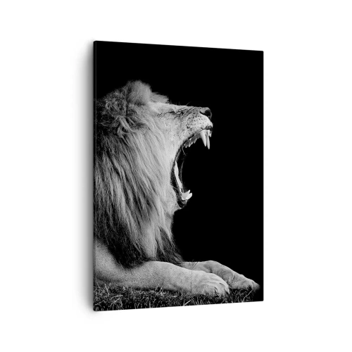 Cuadro sobre lienzo - Impresión de Imagen - Un león rugiente sobre un fondo negro en tonos blanco y negro. - 50x70cm - Sin duda alguna - Decoración de pared moderna para salón y dormitorio ARTTOR