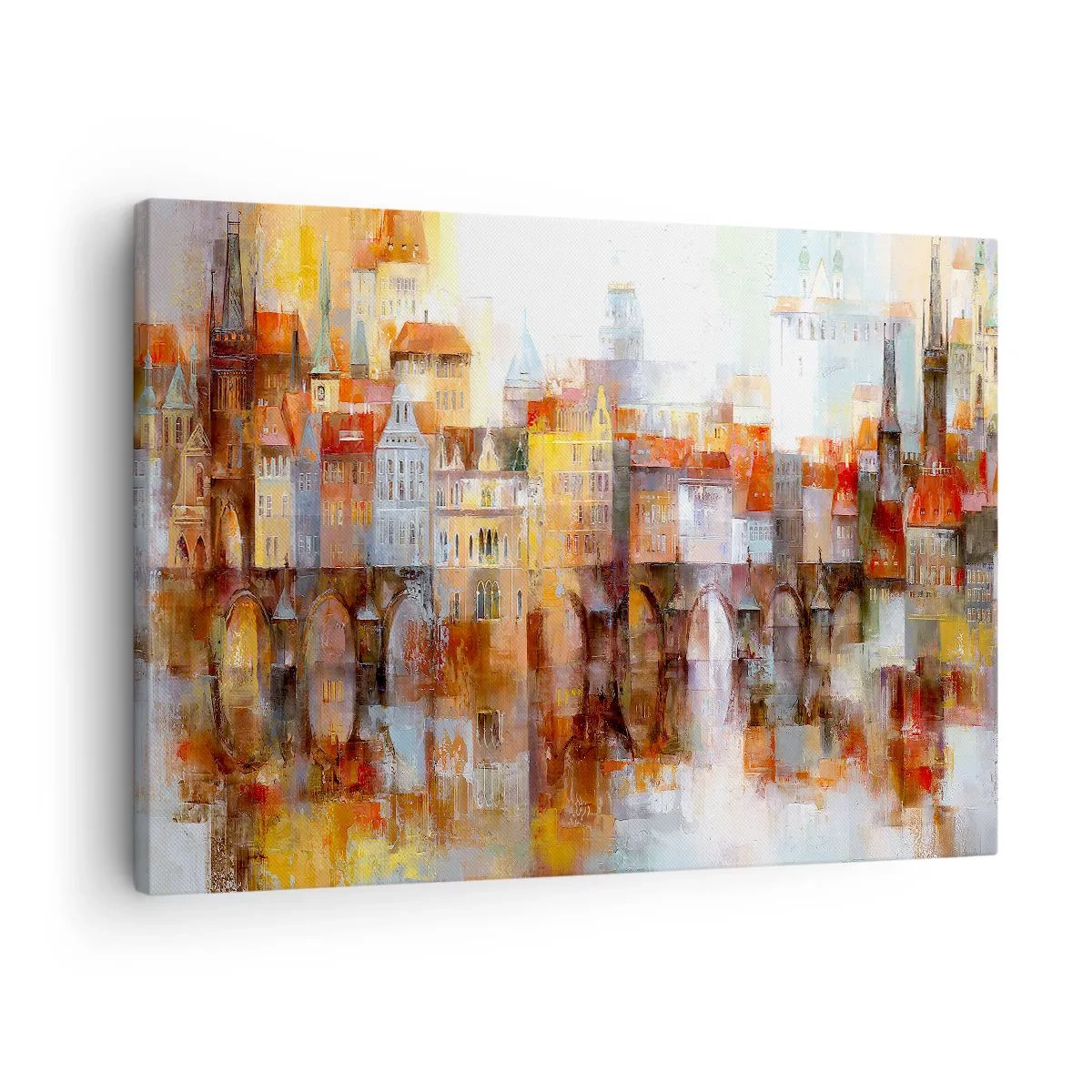 Cuadro sobre lienzo - Impresión de Imagen - Un pintoresco panorama de la ciudad con un puente en colores otoñales. - 70x50cm - Puente y ciudad - Decoración de pared moderna para salón y dormitorio ARTTOR