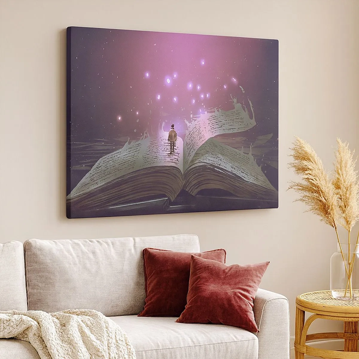 Cuadro sobre lienzo - Impresión de Imagen - Una figura pisa un libro abierto bajo una luz mágica. - 70x50cm - Una invitación a otro mundo - Decoración de pared moderna para salón y dormitorio ARTTOR