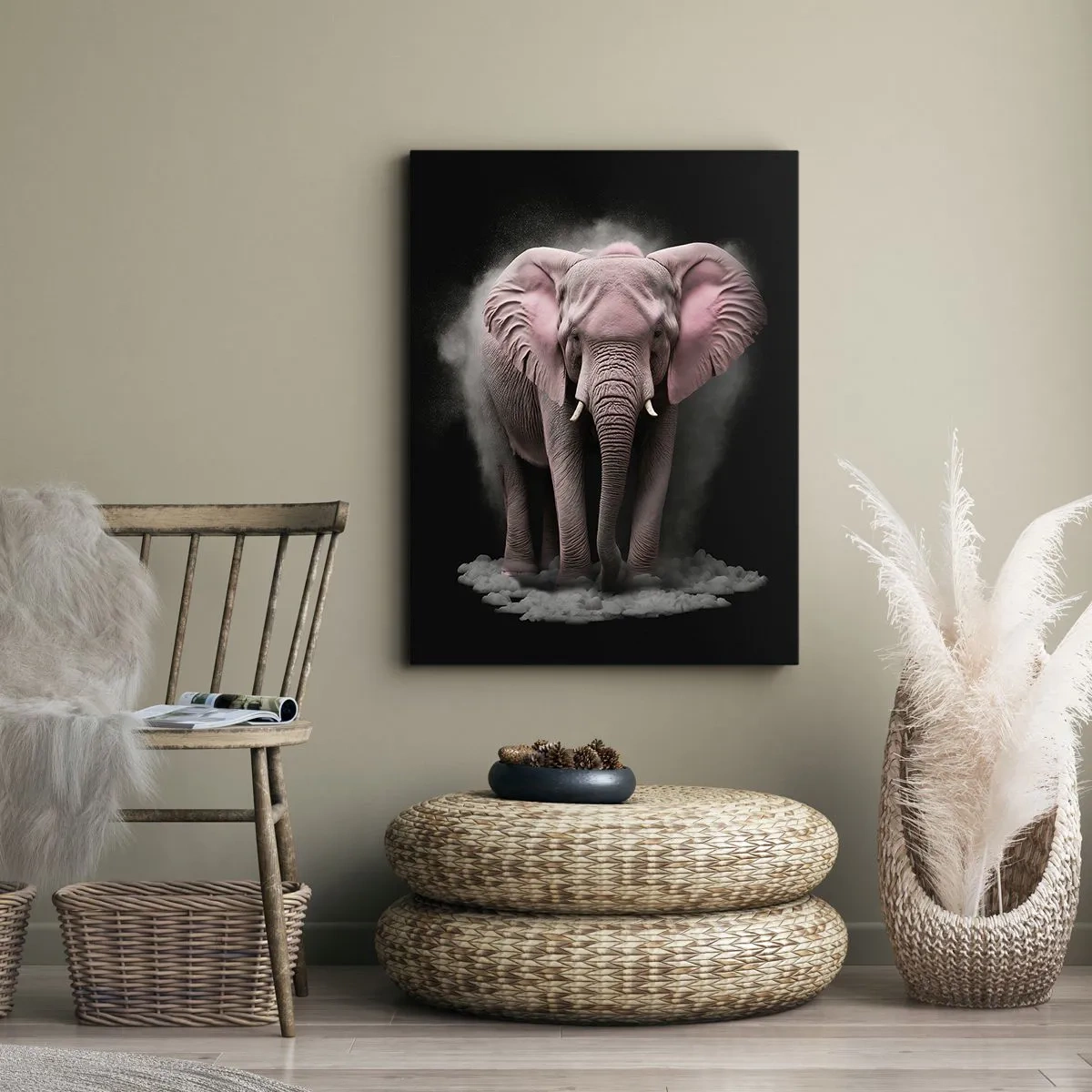 Cuadro sobre lienzo - Impresión de Imagen - Una interpretación artística de un elefante rosa sobre un fondo negro. - 50x70cm - El rey rosado de oriente - Decoración de pared moderna para salón y dormitorio ARTTOR