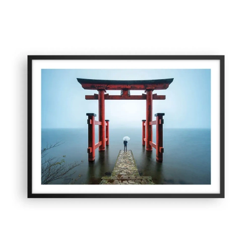 Póster en marco negro - Una puerta torii con vistas a un lago tranquilo en Japón - 70x50cm - Ensueño japonés - Decoración de pared moderna para salón y dormitorio ARTTOR