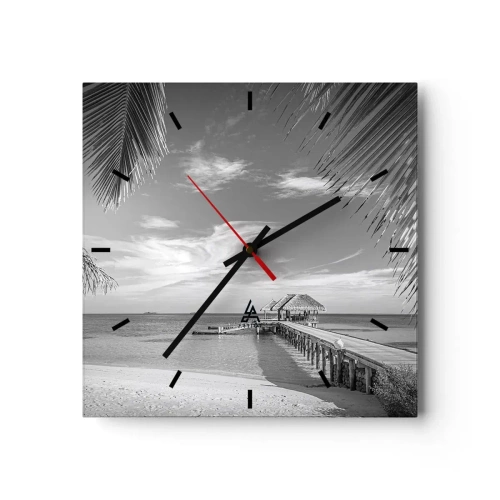 Reloj de pared - Reloj de vidrio - Playa blanca y negra con muelle y palmeras en una costa tropical - 30x30cm - ¿Un recuerdo o un sueño? - Decoración de pared moderna para salón y dormitorio ARTTOR