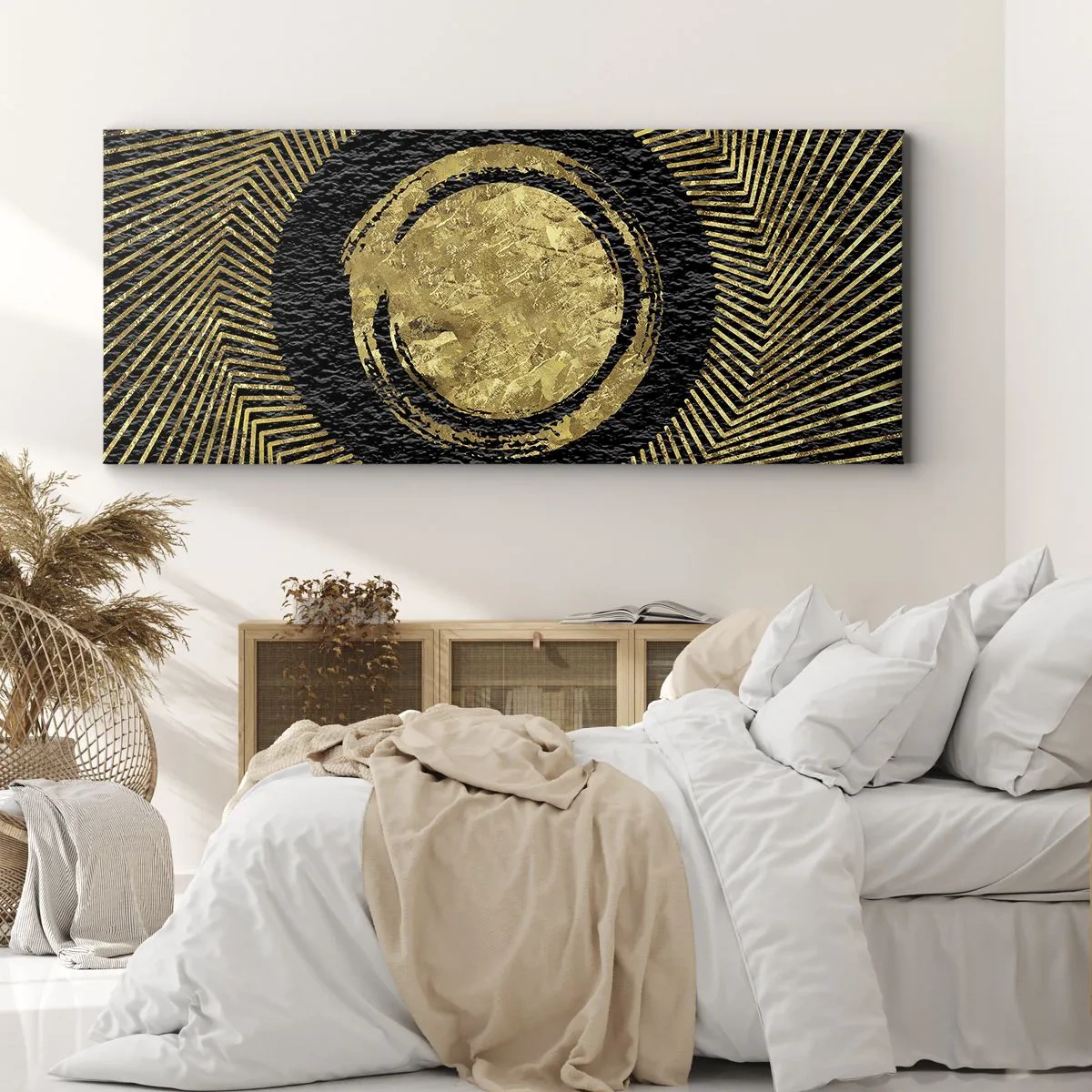 Cuadro sobre lienzo - Impresión de Imagen - Composición geométrica en negro y dorado con rayos. - 160x50cm - Composición glamour - Decoración de pared moderna para salón y dormitorio ARTTOR
