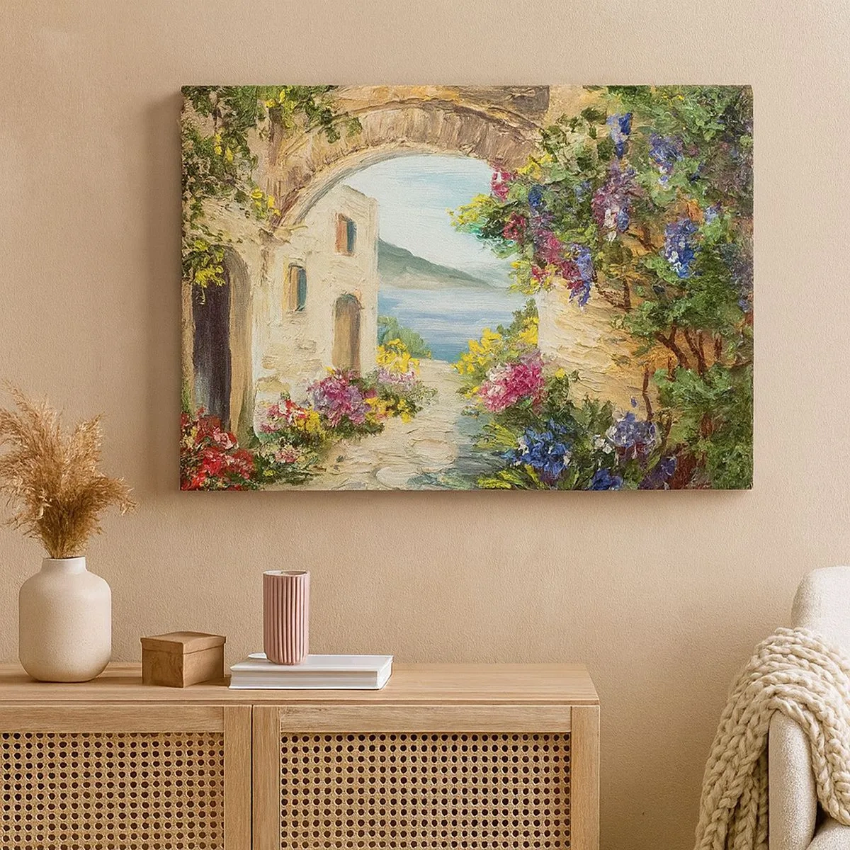 Cuadro sobre lienzo - Impresión de Imagen - Paisaje costero con edificios de piedra y flores. - 70x50cm - El encanto del paisaje costero - Decoración de pared moderna para salón y dormitorio ARTTOR
