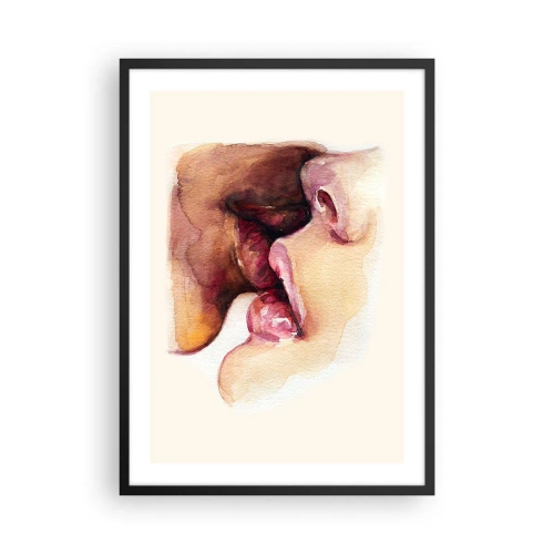 Póster en marco negro - Labios de acuarela en un beso íntimo sobre un fondo claro. - 50x70cm - Como la noche y el día, la tierra y el cielo - Decoración de pared moderna para salón y dormitorio ARTTOR