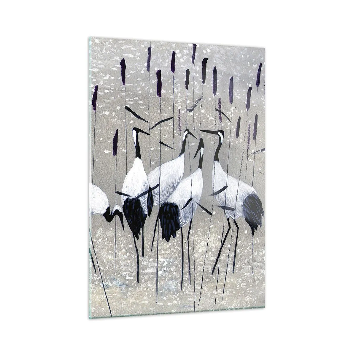 Cuadro sobre vidrio - Impresiones sobre Vidrio - Cuatro grullas entre los juncos junto al lago - 50x70cm - Entre los suyos - Decoración de pared moderna para salón y dormitorio ARTTOR