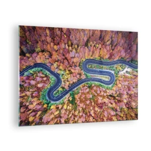 Cuadro sobre vidrio - Impresiones sobre Vidrio - Una vista de pájaro de un camino sinuoso entre coloridos árboles otoñales. - 70x50cm - Un camino sinuoso a través del bosque - Decoración de pared moderna para salón y dormitorio ARTTOR