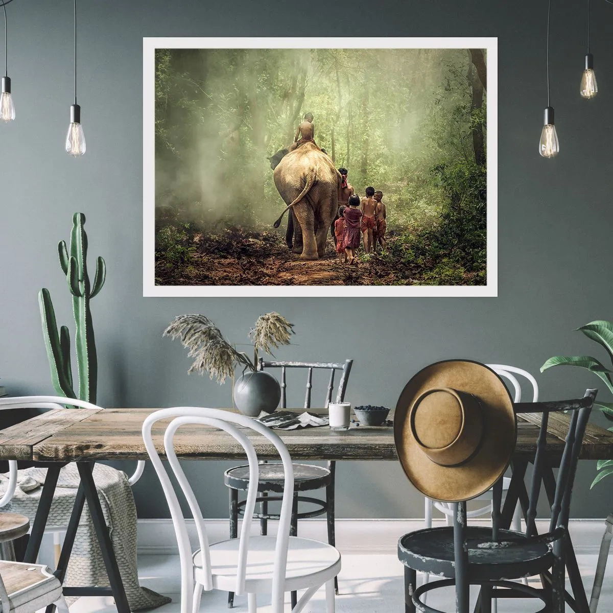 Póster - Niños con un elefante en un bosque verde a la luz de la mañana. - 100x70cm - El nuevo libro de la selva - Decoración de pared moderna para salón y dormitorio ARTTOR