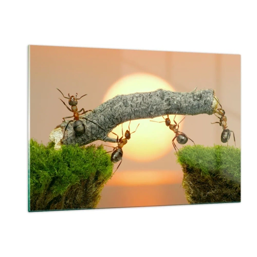 Cuadro sobre vidrio - Impresiones sobre Vidrio - Hormigas construyendo un puente al atardecer - 120x80cm - Trabajar juntos con alegría - Decoración de pared moderna para salón y dormitorio ARTTOR