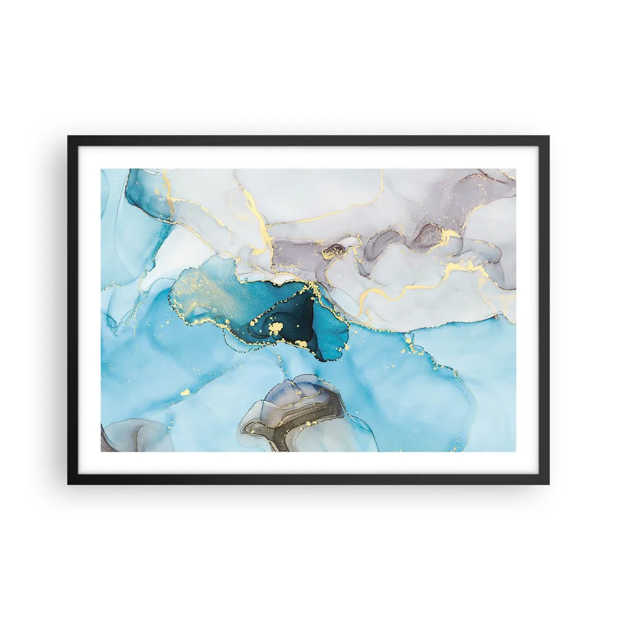 Póster en marco negro - Abstracción en tonos azules y dorados con líneas sutiles. - 70x50cm - Un estudio del encuentro entre el gris y el turquesa - Decoración de pared moderna para salón y dormitorio ARTTOR