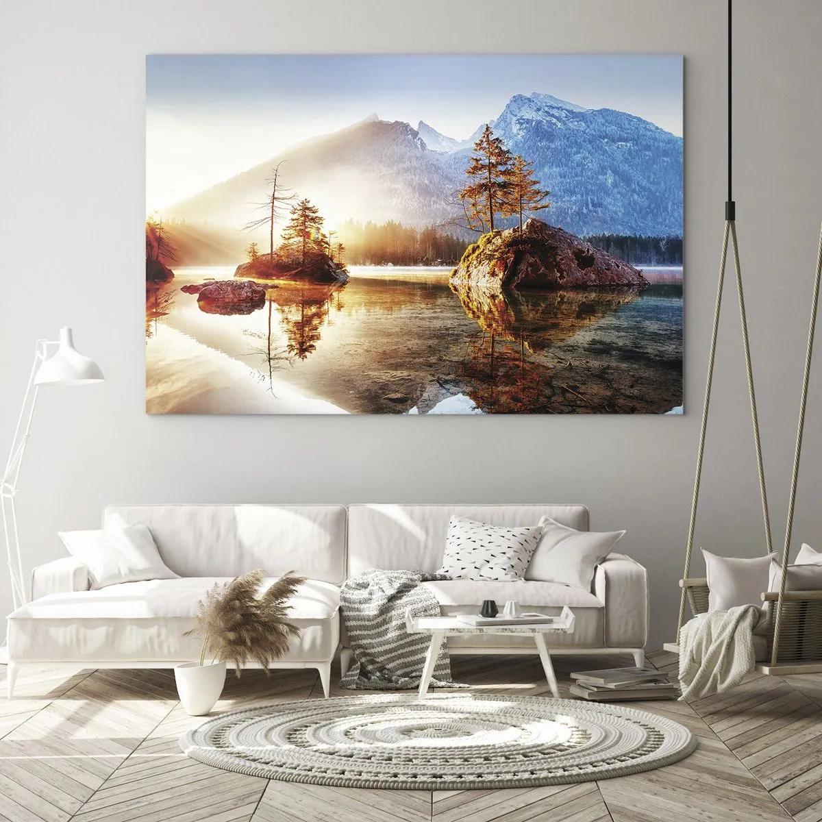 Cuadro sobre vidrio - Impresiones sobre Vidrio - Paisaje de montaña por la mañana con árboles y reflejo en el lago. - 70x50cm - La naturaleza bajo la luz - Decoración de pared moderna para salón y dormitorio ARTTOR