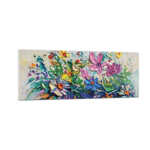 Cuadro sobre vidrio - Impresiones sobre Vidrio - Un colorido ramo de flores pintado con la técnica del empaste. - 140x50cm - La energía de las flores - Decoración de pared moderna para salón y dormitorio ARTTOR