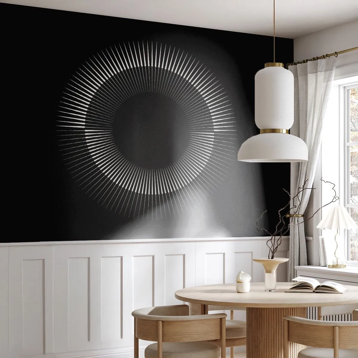 Fotomural Premium Canvas - Círculo gráfico con rayos en blanco y negro - 100x70cm - Sol negro - Decoración de pared moderna para salón y dormitorio ARTTOR