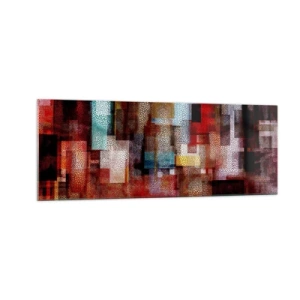 Cuadro sobre vidrio - Impresiones sobre Vidrio - Abstracción geométrica en intensos tonos rojos. - 140x50cm - Confusión y desconcierto - Decoración de pared moderna para salón y dormitorio ARTTOR