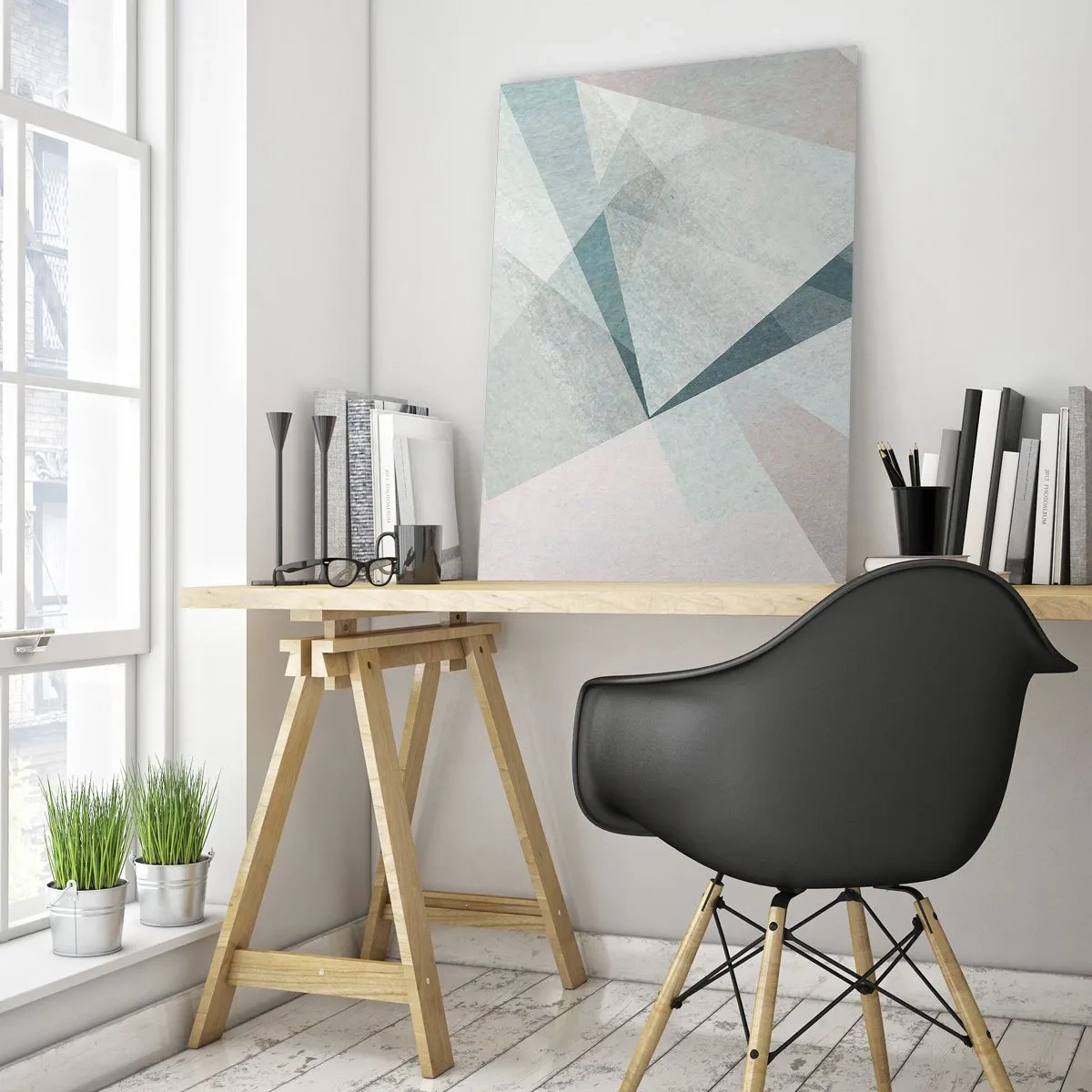 Cuadro sobre vidrio - Impresiones sobre Vidrio - Formas geométricas en tonos pastel de verde y azul. - 50x70cm - Tranquilo pero dinámico - Decoración de pared moderna para salón y dormitorio ARTTOR