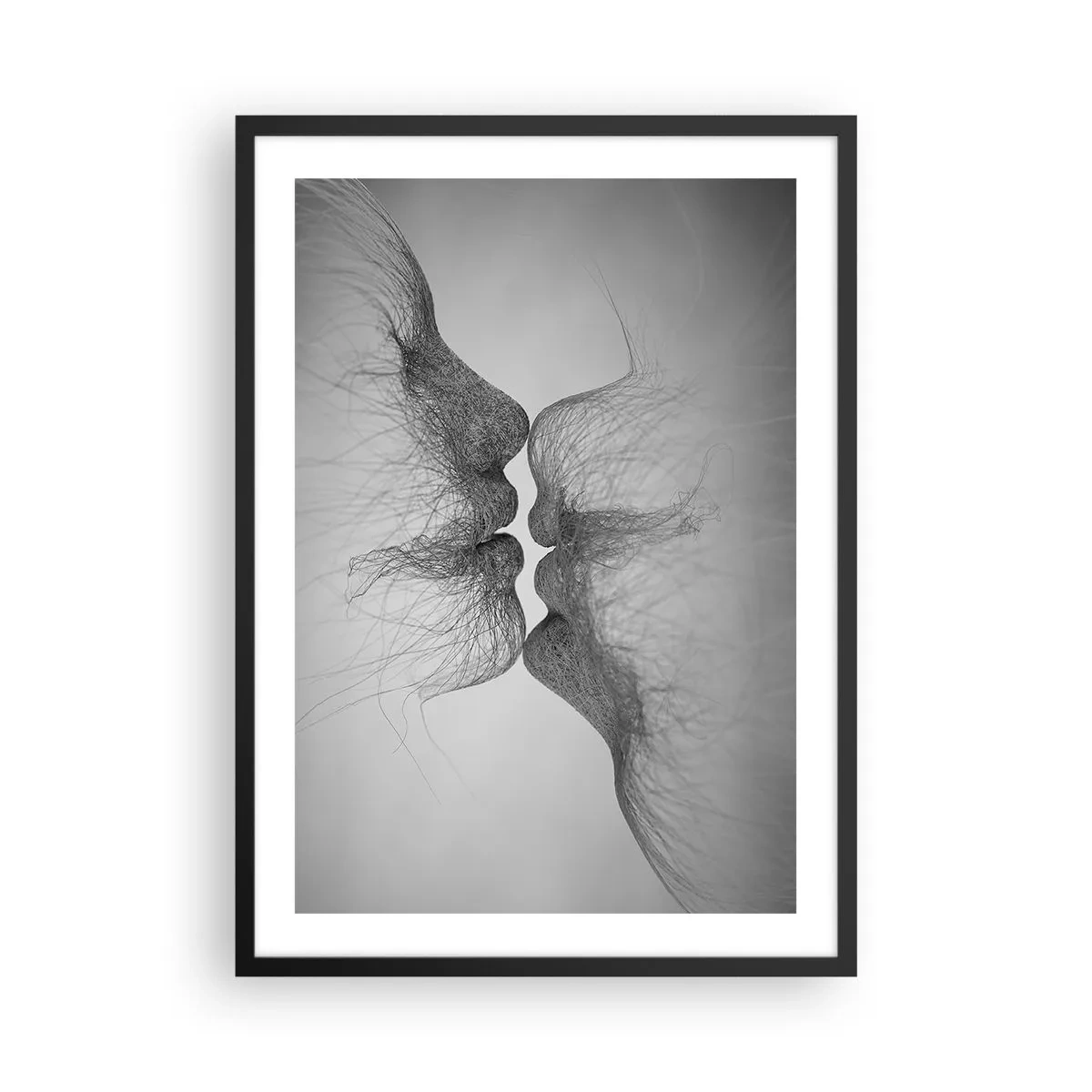Póster en marco negro - Rostros abstractos en el acto de besarse, en blanco y negro - 50x70cm - Beso del viento - Decoración de pared moderna para salón y dormitorio ARTTOR