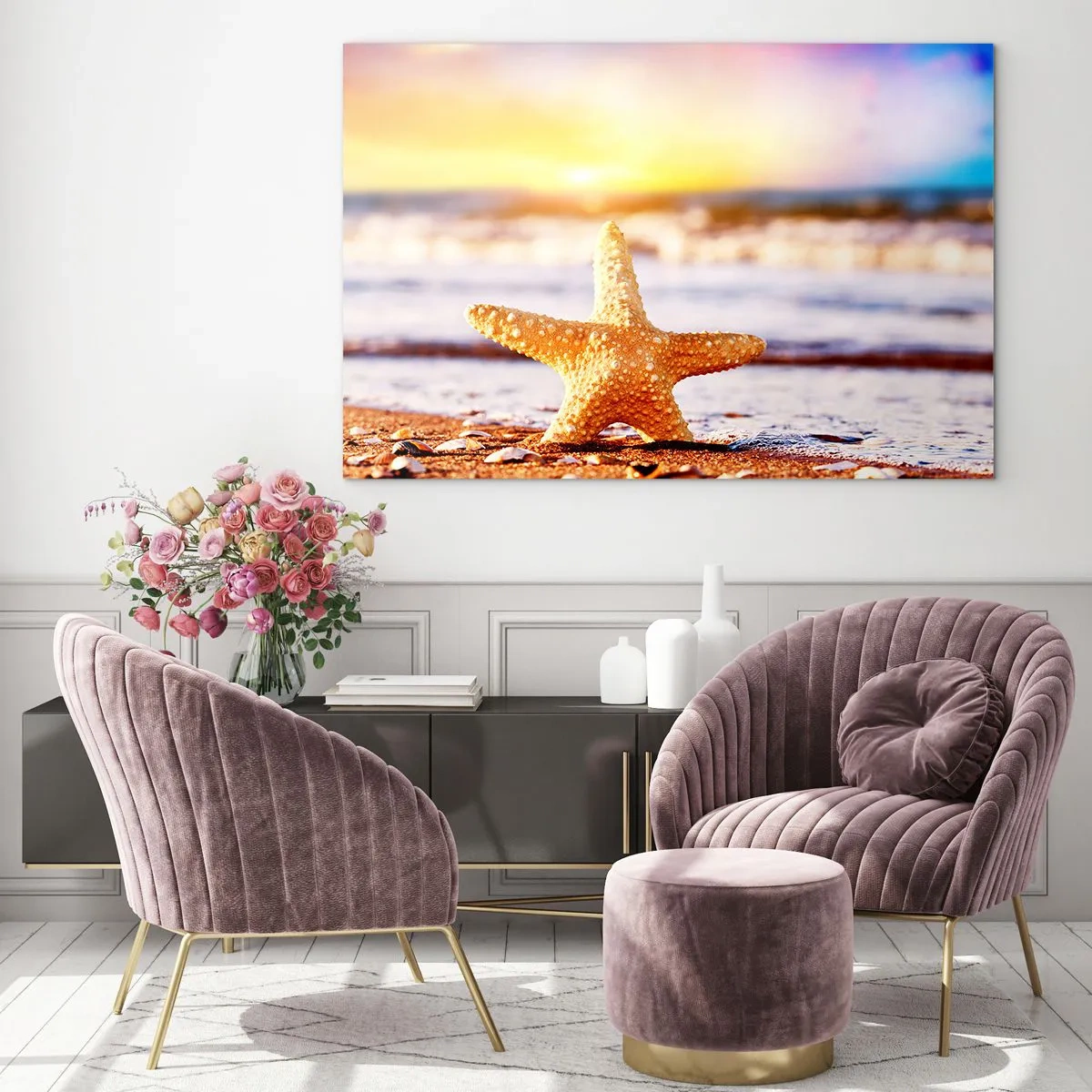 Cuadro sobre vidrio - Impresiones sobre Vidrio - Estrellas de mar en la playa a la luz del sol poniente - 100x70cm - Regalo del mar - Decoración de pared moderna para salón y dormitorio ARTTOR