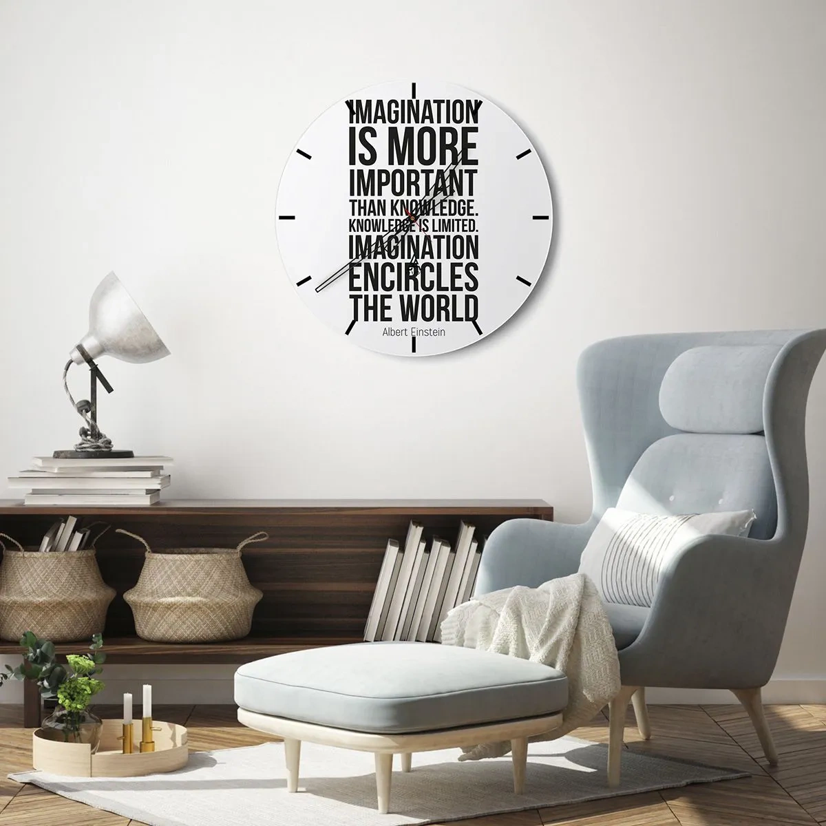 Reloj de pared - Reloj de vidrio - Einstein, sobre el poder de la imaginación - 40x40 cm
