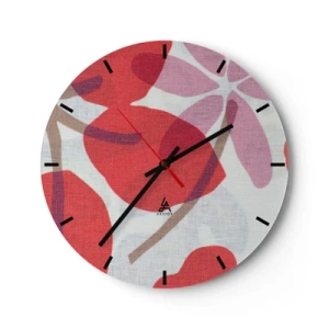 Reloj de pared - Reloj de vidrio - Hojas rosas y rojas sobre un fondo blanco con textura de lino. - 30x30cm - Composición floral en rosa - Decoración de pared moderna para salón, cocina y dormitorio ARTTOR