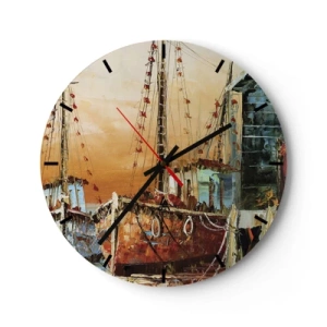 Reloj de pared - Reloj de vidrio - Imagen de barcos de vela en un pintoresco puerto al atardecer. - 30x30cm - Regreso pacífico - Decoración de pared moderna para salón, cocina y dormitorio ARTTOR