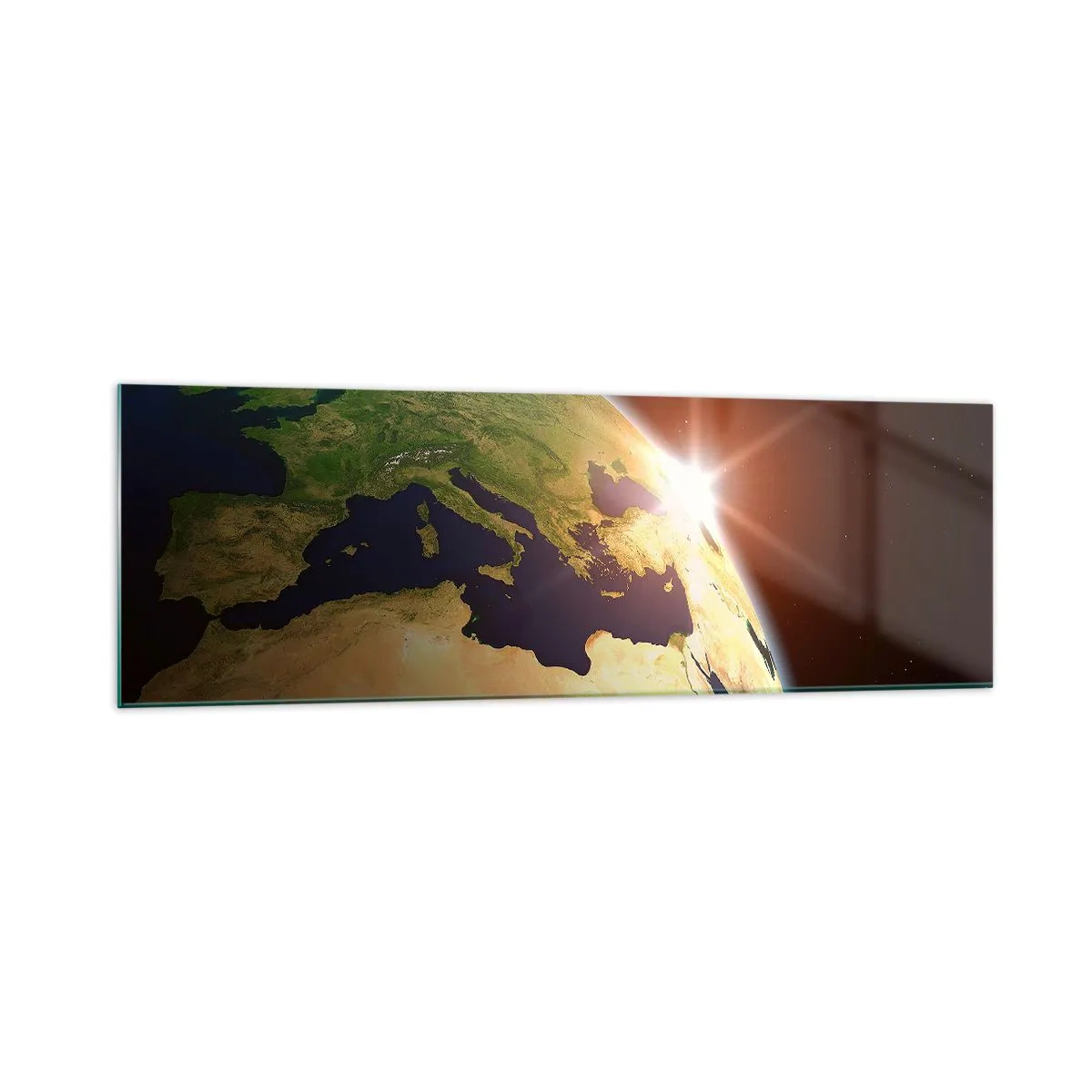 Cuadro sobre vidrio - Impresiones sobre Vidrio - Vista de la Tierra desde el espacio con rayos de sol en el horizonte - 160x50cm - Amanecer - Decoración de pared moderna para salón y dormitorio ARTTOR