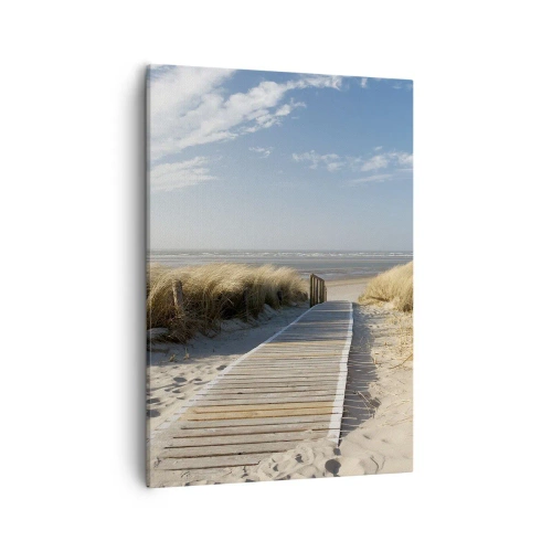 Cuadro sobre lienzo - Impresión de Imagen - Un camino de madera conduce a través de las dunas hasta el mar en calma. - 50x70cm - Más allá de la duna, en el susurro de la naturaleza - Decoración de pared moderna para salón y dormitorio ARTTOR