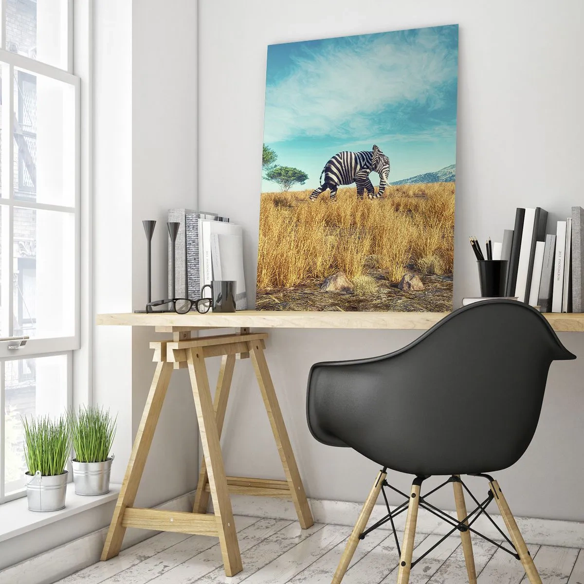 Cuadro sobre vidrio - Impresiones sobre Vidrio - Cebra en un paisaje africano - 70x100cm - El gris ya no está de moda - Decoración de pared moderna para salón y dormitorio ARTTOR