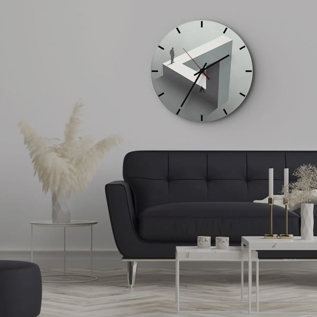 Reloj de pared - Reloj de vidrio - Un hombre parado encima de una figura geométrica imposible. - 30x30cm - Y, sin embargo, es posible - Decoración de pared moderna para salón, cocina y dormitorio ARTTOR