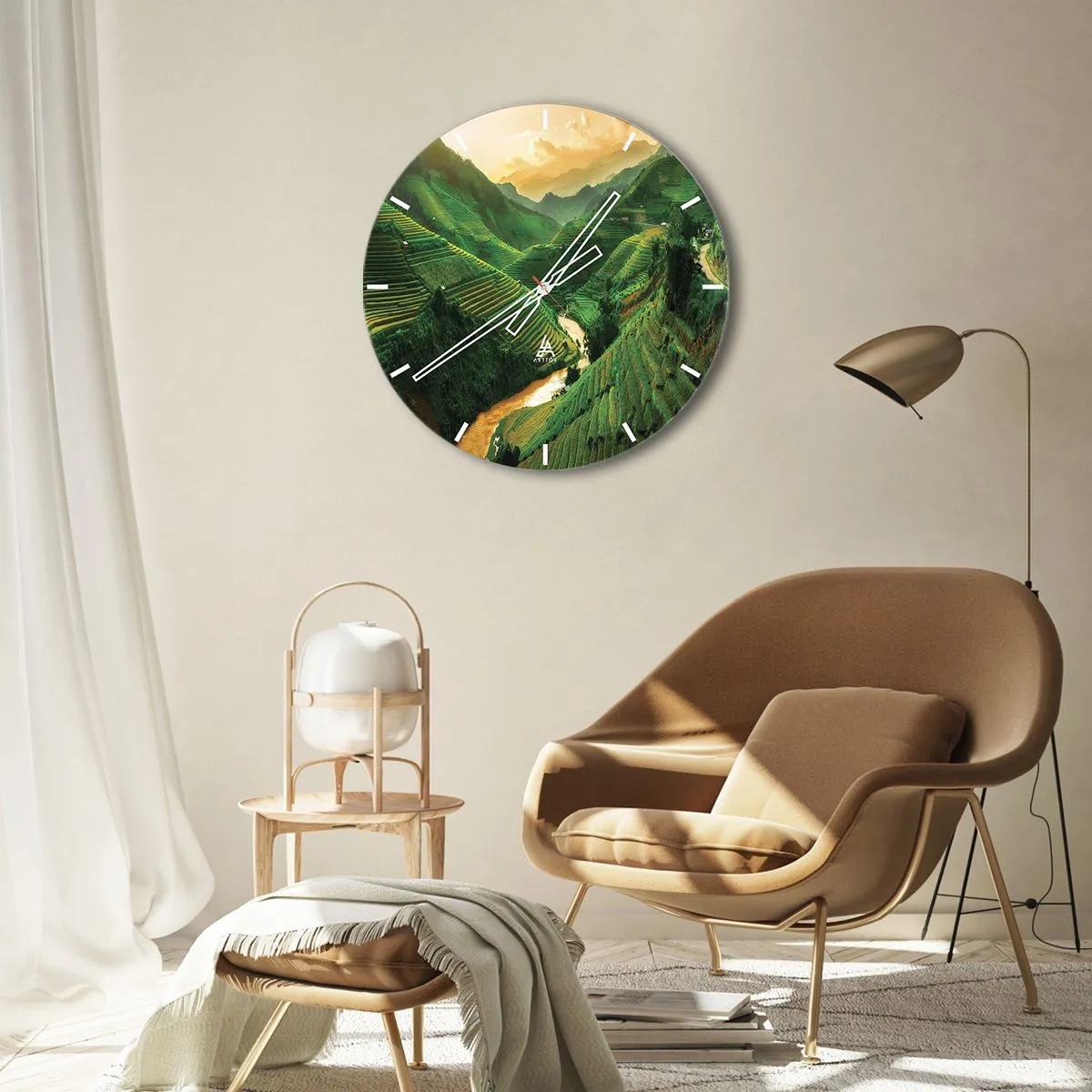 Reloj de pared - Reloj de vidrio - Terrazas de arroz entre las montañas al atardecer - 30x30cm - Valle vietnamita - Decoración de pared moderna para salón, cocina y dormitorio ARTTOR