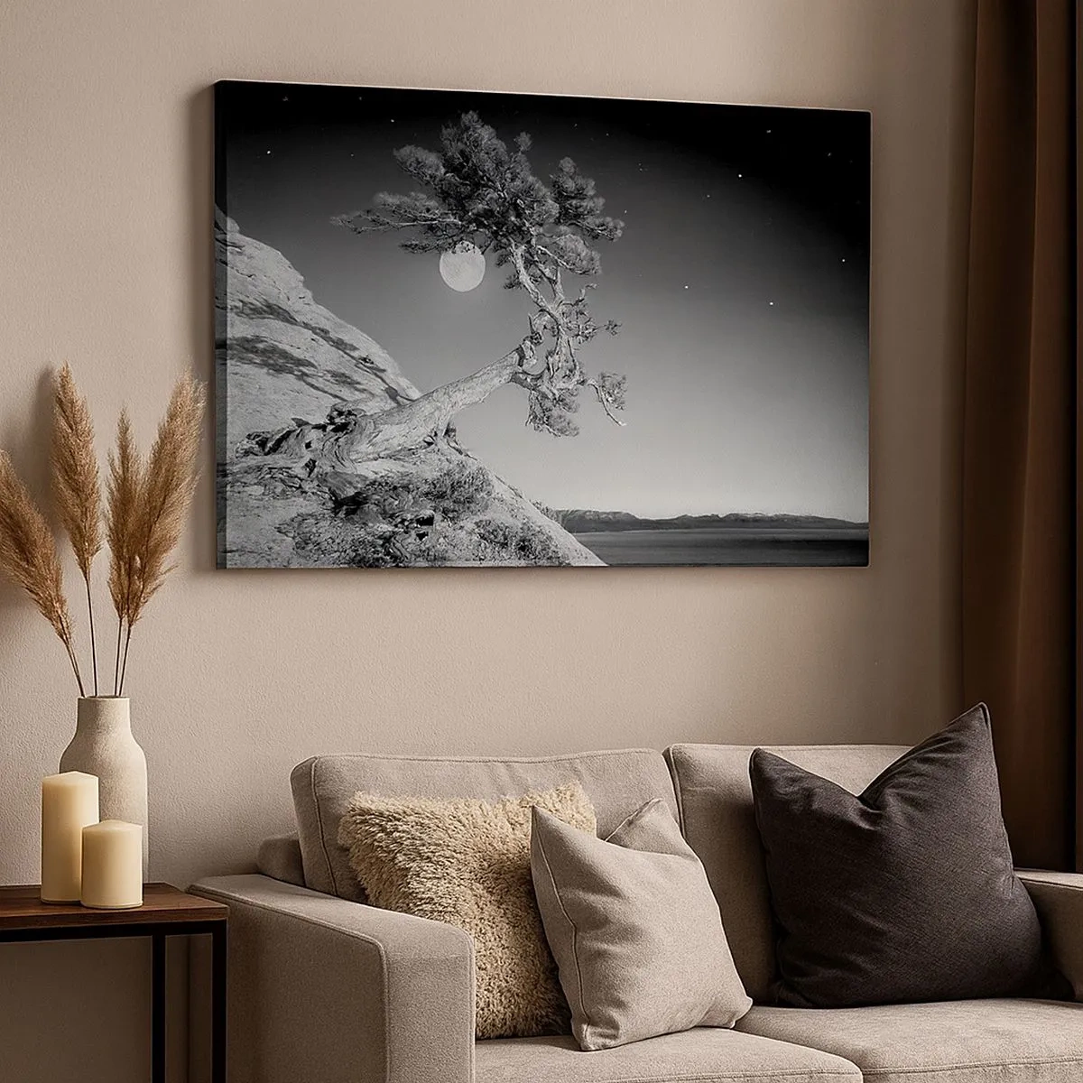 Cuadro sobre lienzo - Impresión de Imagen - Árbol en blanco y negro en un acantilado con la luna al fondo - 70x50cm - Un guerrero victorioso - Decoración de pared moderna para salón y dormitorio ARTTOR