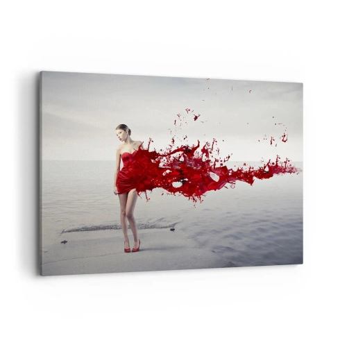 Cuadro sobre lienzo - Impresión de Imagen - Una mujer con un vestido rojo en una composición artística junto al agua. - 120x80cm - Apasionada como la escarlata - Decoración de pared moderna para salón y dormitorio ARTTOR