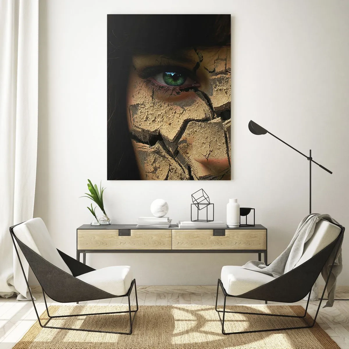 Cuadro sobre vidrio - Impresiones sobre Vidrio - El rostro de una mujer de ojos verdes cubierto con una estructura de tierra agrietada. - 70x100cm - Deleite y asombro - Decoración de pared moderna para salón y dormitorio ARTTOR