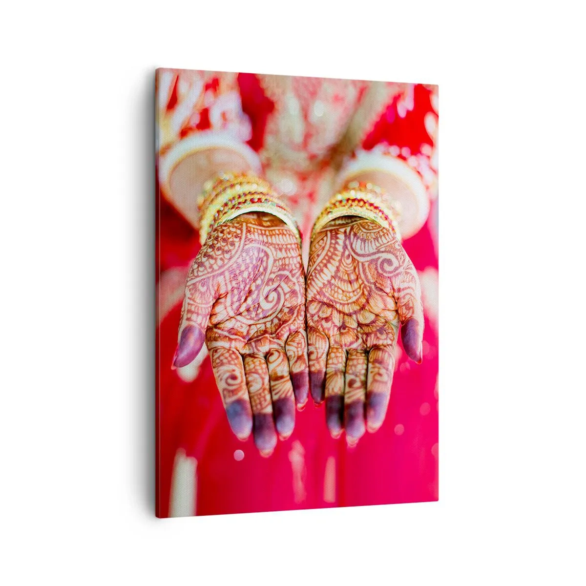 Cuadro sobre lienzo - Impresión de Imagen - Manos decoradas con henna sobre el fondo de un vestido rojo. - 50x70cm - Ritual con las manos - Decoración de pared moderna para salón y dormitorio ARTTOR