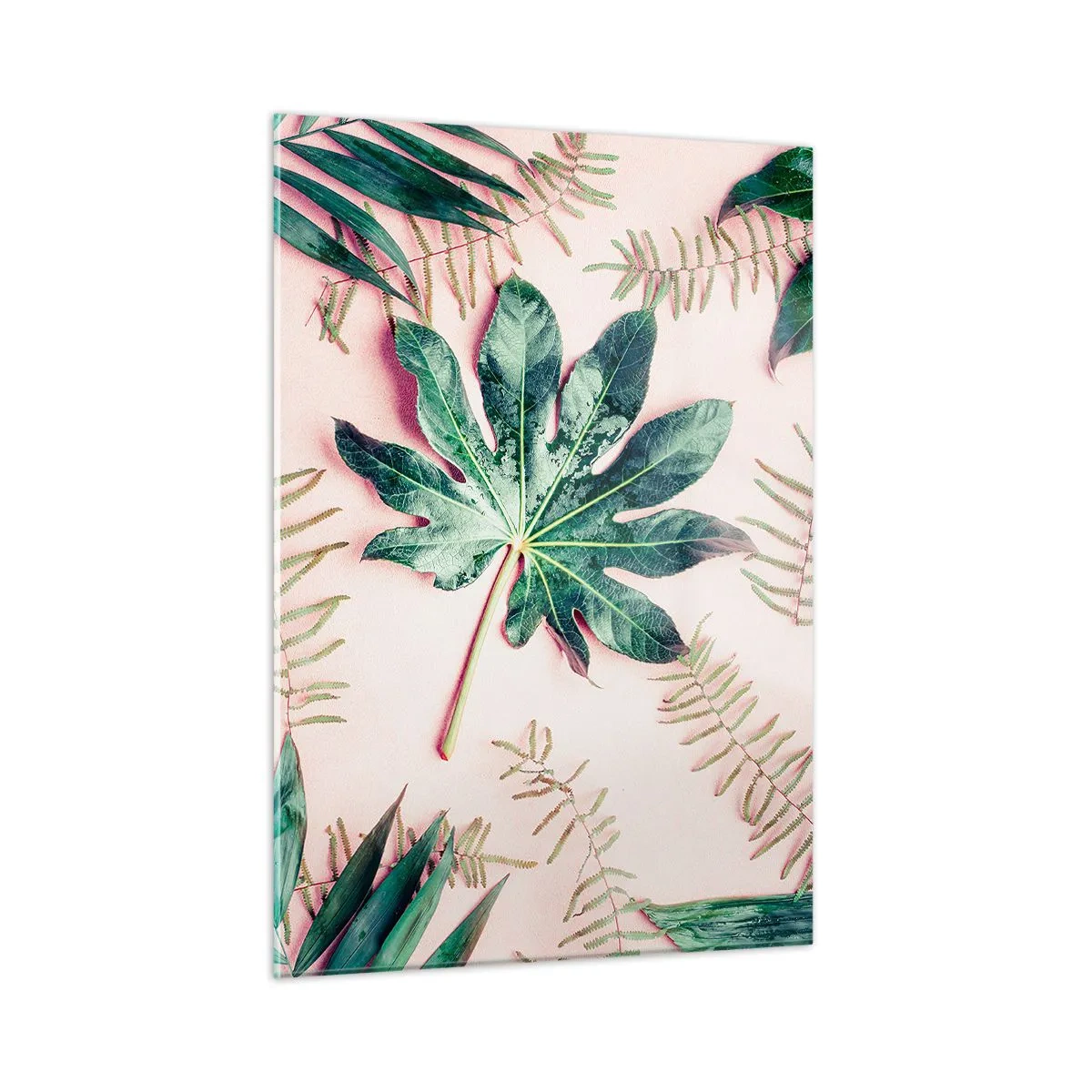 Cuadro sobre vidrio - Impresiones sobre Vidrio - Hojas tropicales sobre un fondo pastel. - 50x70cm - Estudio de vegetación sobre fondo rosa - Decoración de pared moderna para salón y dormitorio ARTTOR