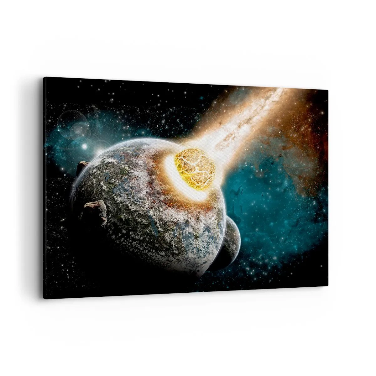 Cuadro sobre lienzo - Impresión de Imagen - Colisión cósmica de un planeta con un asteroide en las proximidades de la galaxia. - 100x70cm - ¿Condena o nacimiento? - Decoración de pared moderna para salón y dormitorio ARTTOR