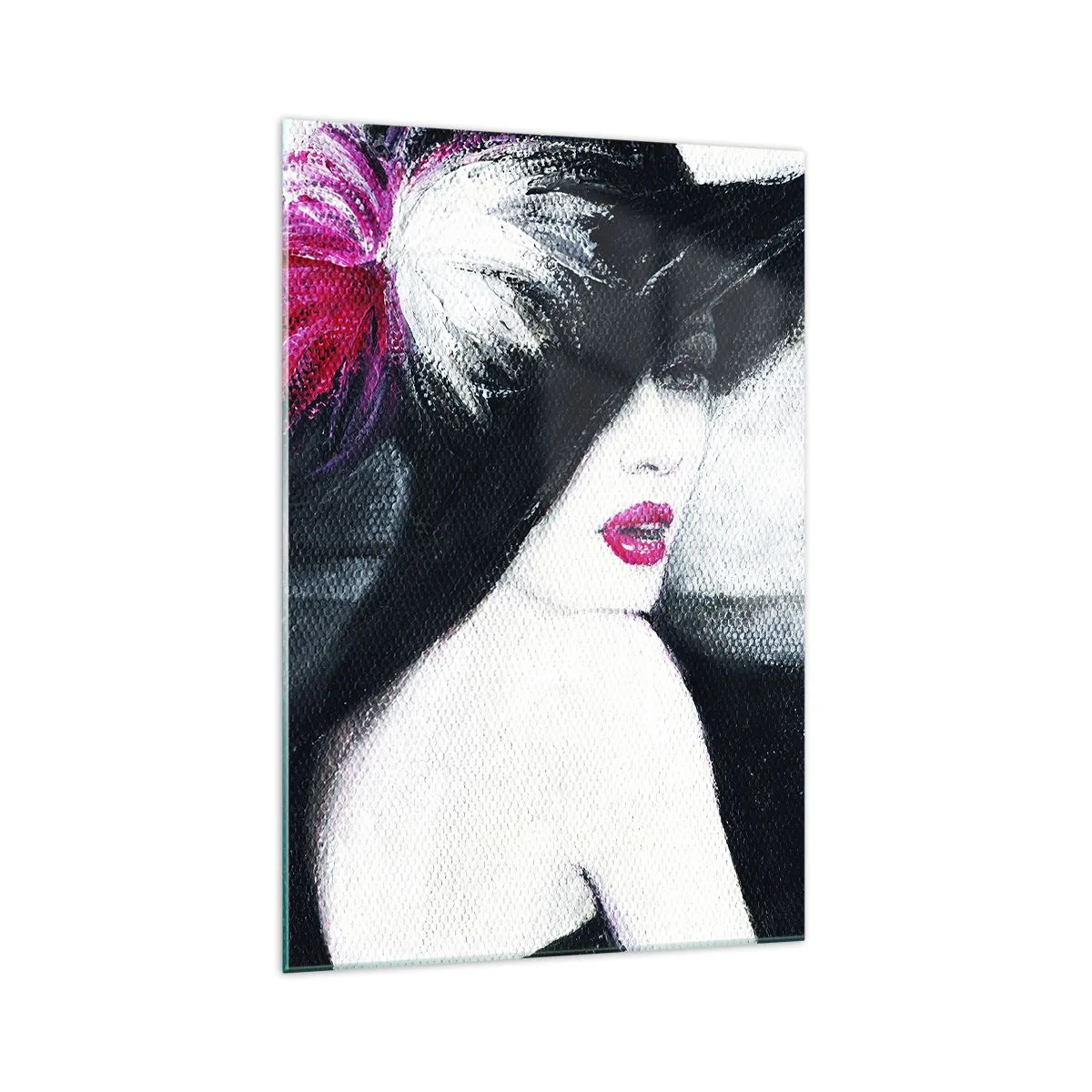 Cuadro sobre vidrio - Impresiones sobre Vidrio - Mujer elegante con un sombrero de plumas - 70x100cm - Siempre un misterio - Decoración de pared moderna para salón y dormitorio ARTTOR