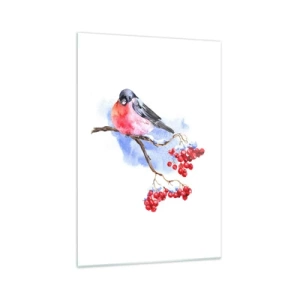 Cuadro sobre vidrio - Impresiones sobre Vidrio - Pájaro en una rama con frutos rojos en el fondo de acuarela - 70x100cm - Invierno en color - Decoración de pared moderna para salón y dormitorio ARTTOR
