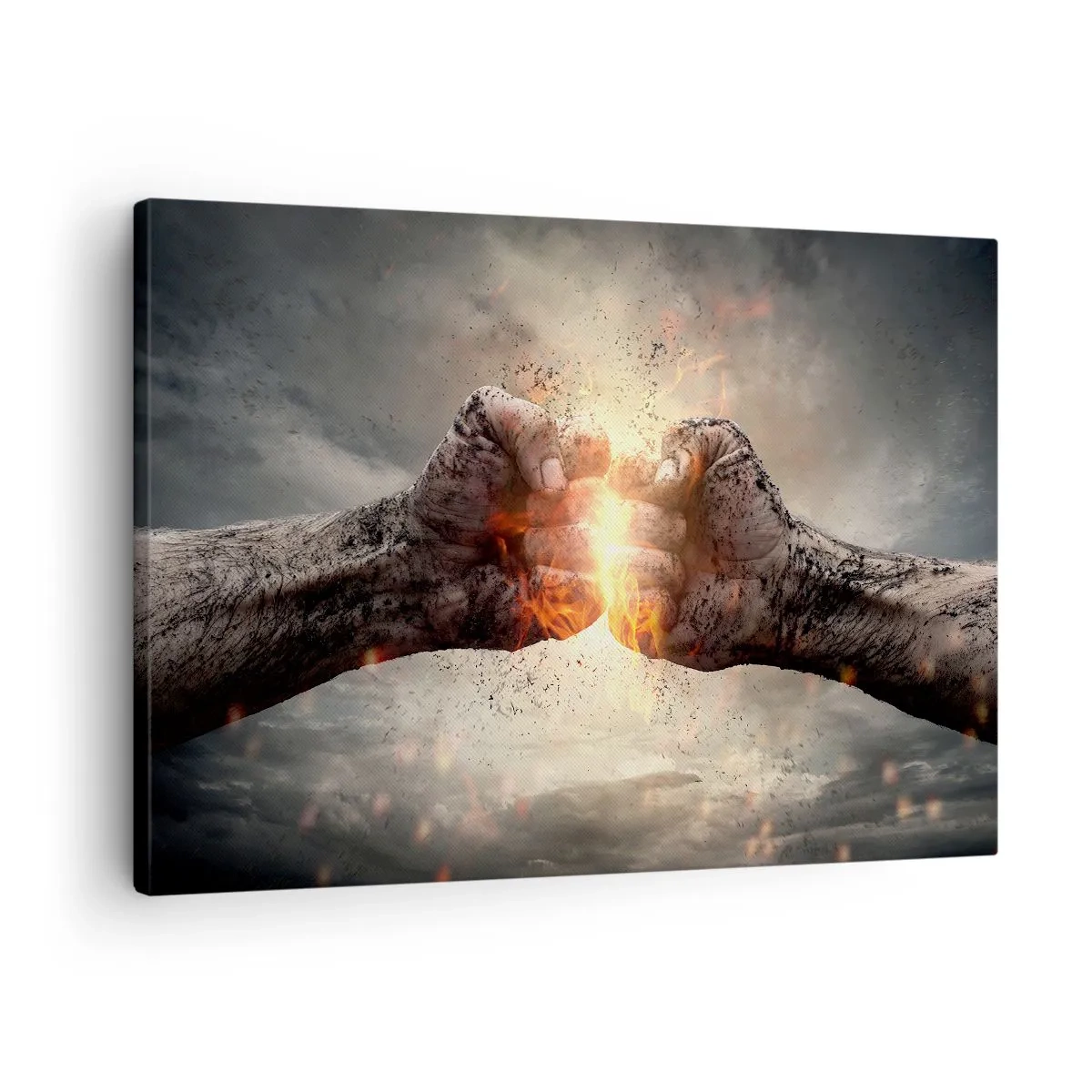 Cuadro sobre lienzo - Impresión de Imagen - Puños cerrados en una escena de incendio dinámica - 70x50cm - La lucha comienza - Decoración de pared moderna para salón y dormitorio ARTTOR