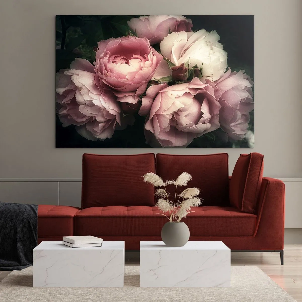 Cuadro sobre vidrio - Impresiones sobre Vidrio - Un ramo de rosas rosadas bajo una iluminación suave con un toque vintage. - 70x50cm - El encanto de la belle époque - Decoración de pared moderna para salón y dormitorio ARTTOR