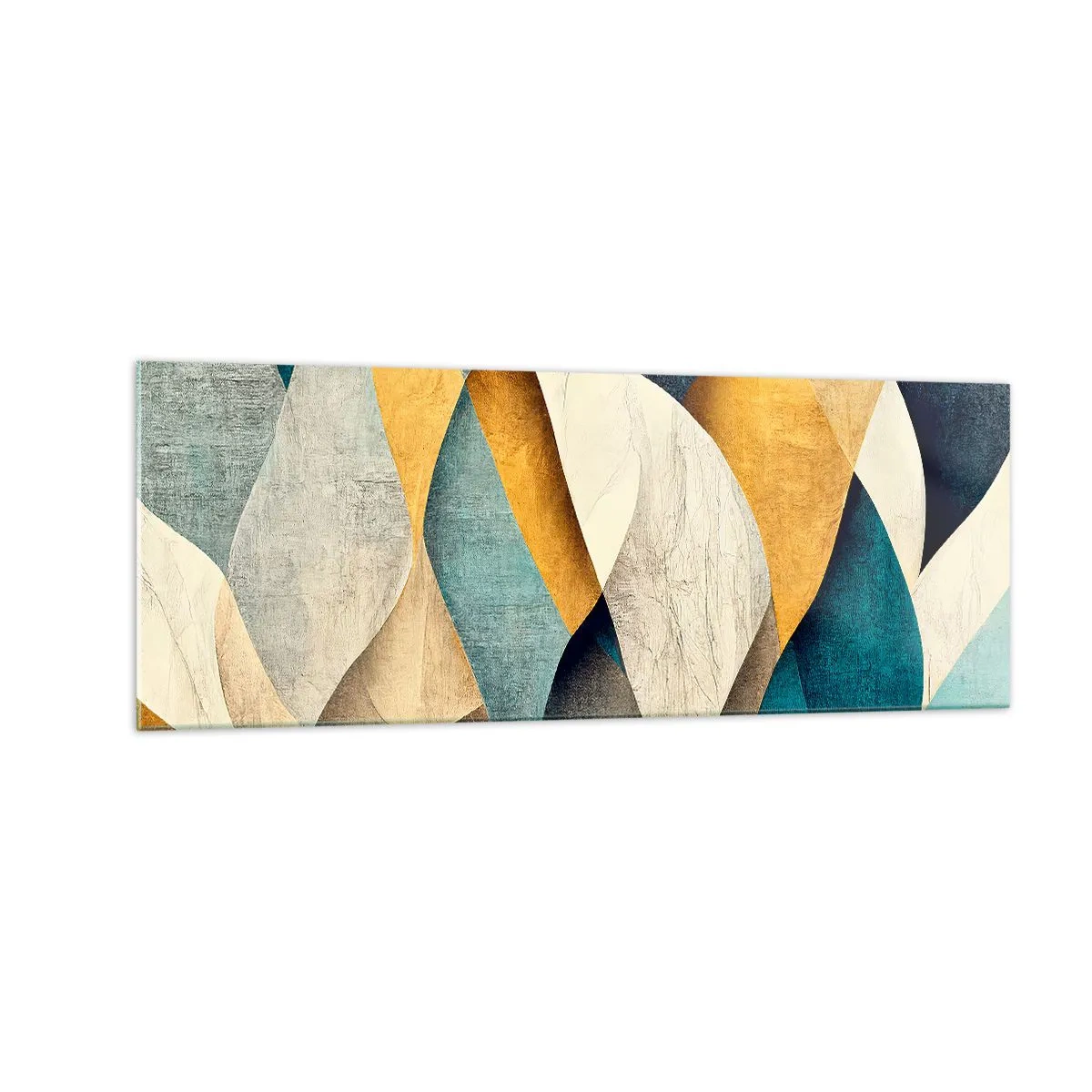 Cuadro sobre vidrio - Impresiones sobre Vidrio - Ondas abstractas en tonos azules y dorados. - 140x50cm - Ritmo y ondulación - Decoración de pared moderna para salón y dormitorio ARTTOR