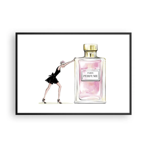 Póster en marco negro - Una mujer con un vestido negro junto a un frasco de perfume. - 100x70cm - La esencia de la feminidad - Decoración de pared moderna para salón y dormitorio ARTTOR